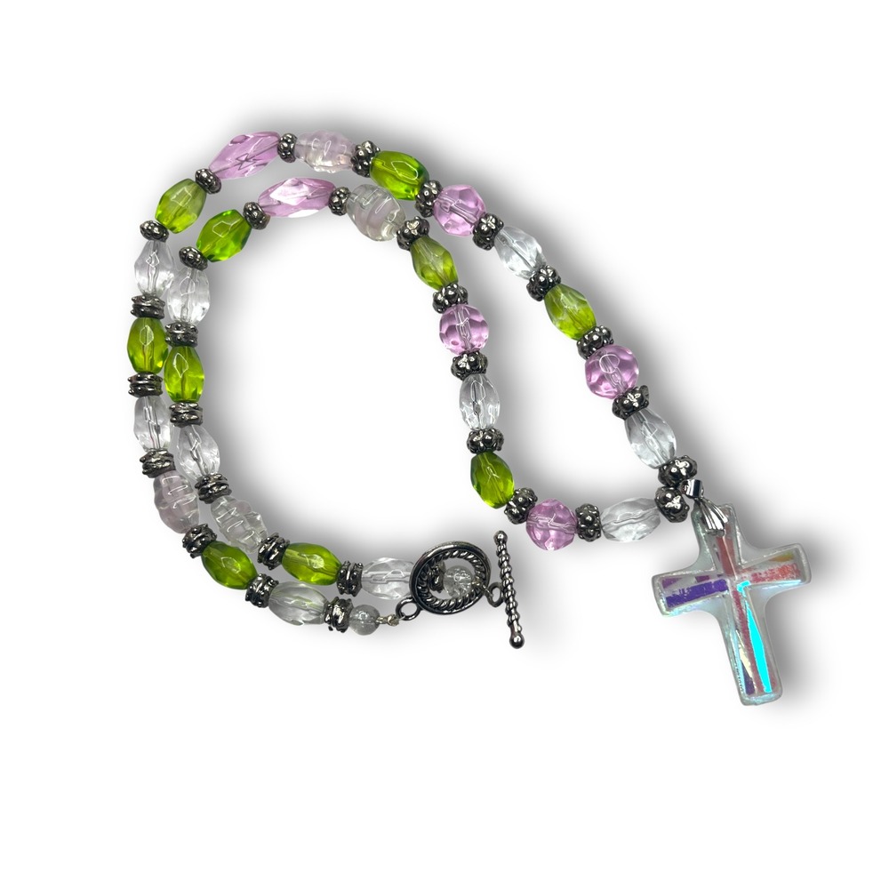 Iridescent Glass Cross Pendant Beaded Necklace Pink Green Clear Silver Tone 20" - Picture 7 of 7
